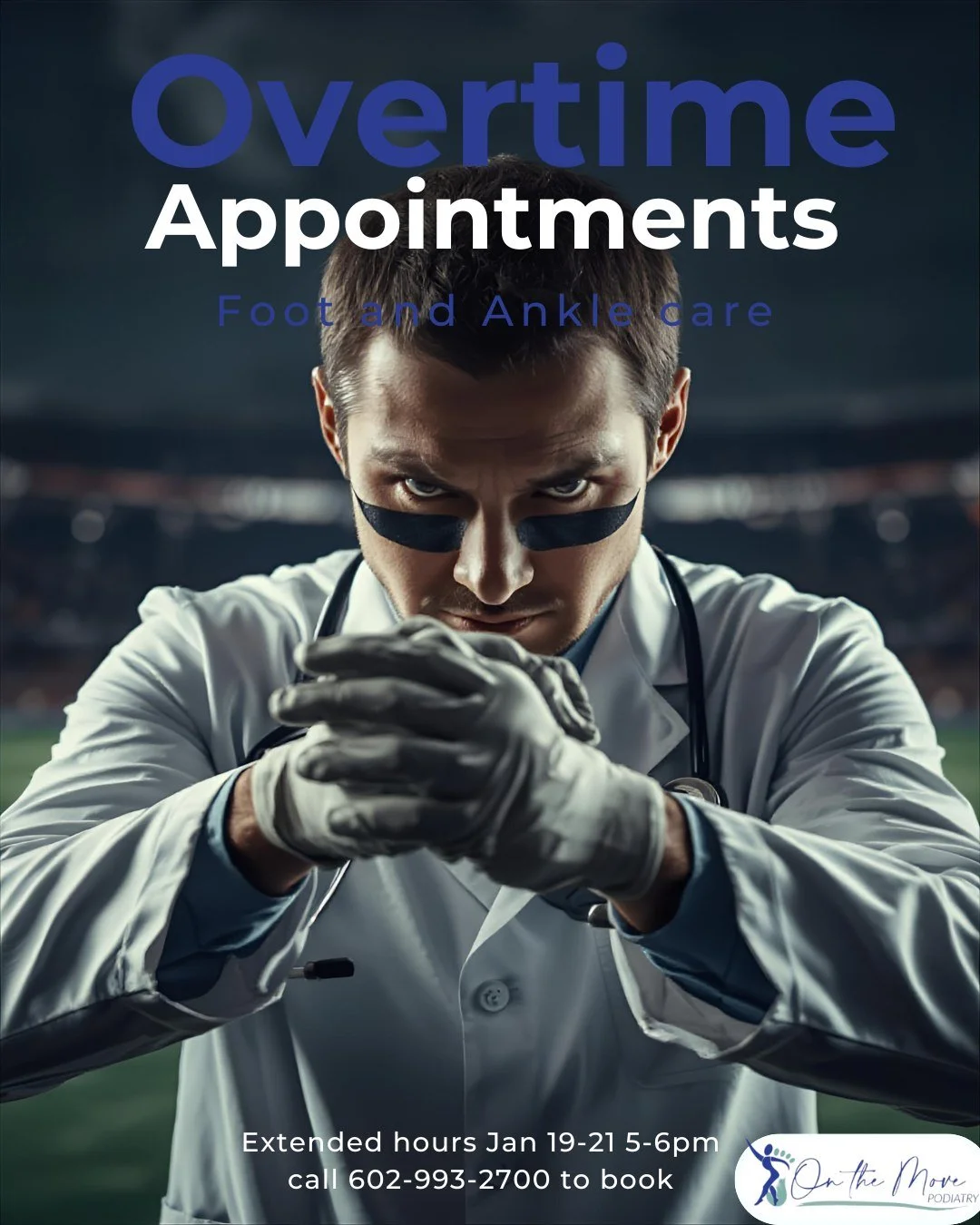 We're extending clinic hours for a limited time January 19-21 5-6pm. These overtime appointments are ideal for patients needing appointment after work or school.  Call 602-993-2700 to schedule! #phoenix #footandankle #showusyourfeet #glendale #scotts