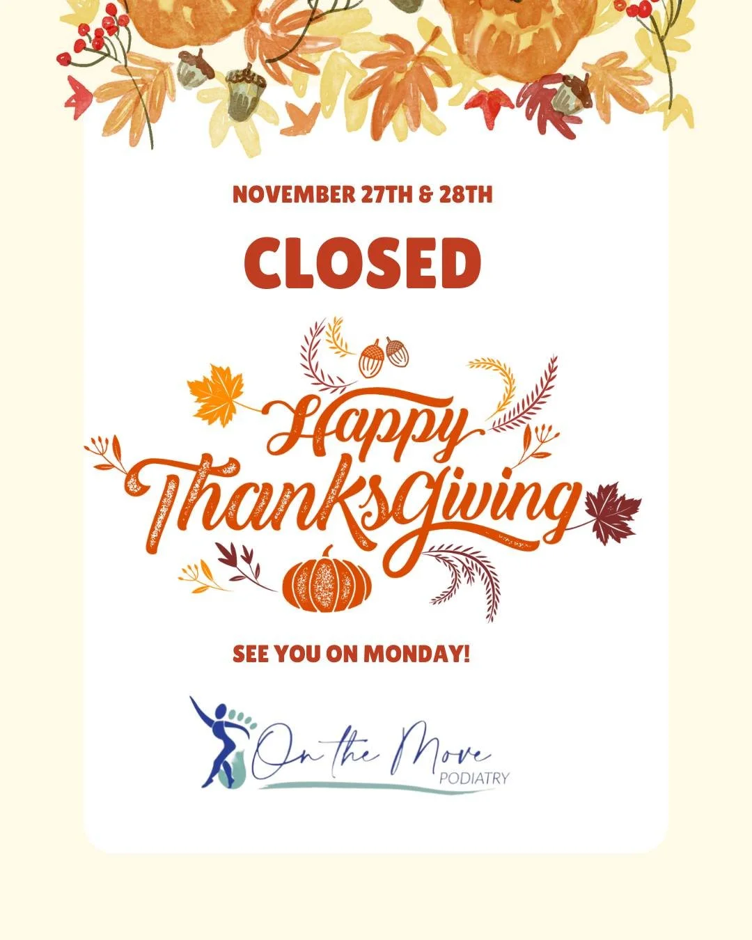 We will be closed Thurs and Fri this week for Thanksgiving.  We wish you and your families well this holiday season.  Appointments can still be scheduled via website https://www.otmpodiatry.com/ #footandankle #diabeticfootcare #az #phoenix #showusyou