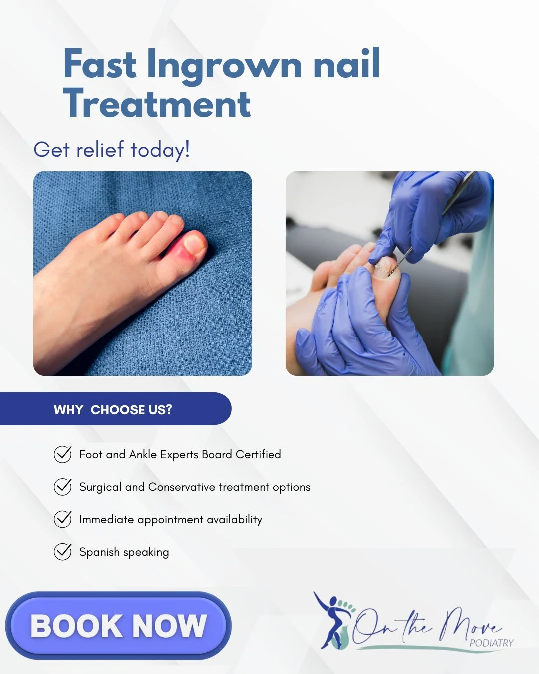 We offer same day treatment to relieve pain and prevent infection. If your toe is red, swollen, draining, or painful to walk on, it may be an ingrown toenail. Early treatment helps avoid complications and gets you back on your feet faster. 
📞 Call t