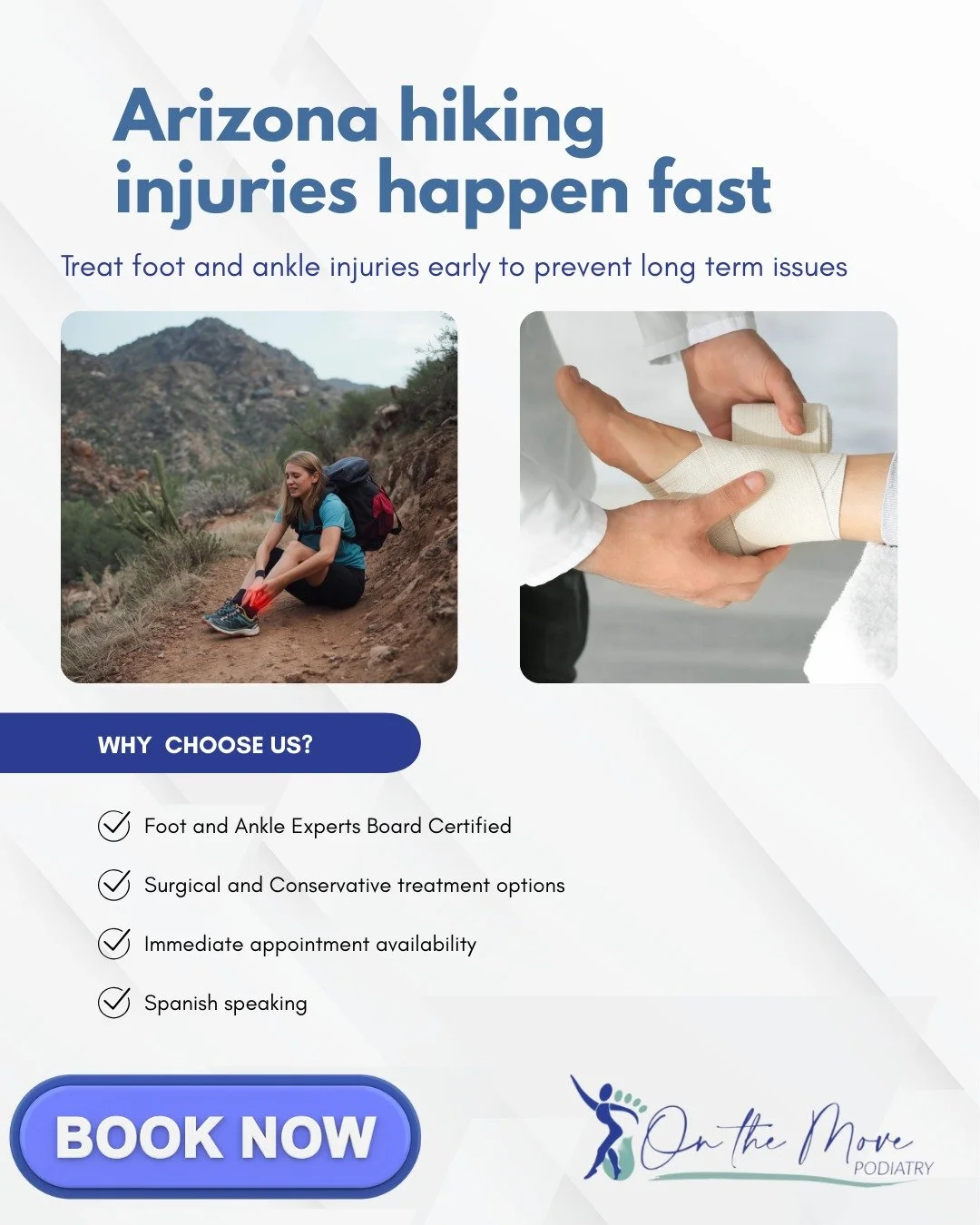 Hiking injuries are common in Arizona, especially on uneven and rocky terrain. Ankle sprains, tendon strain, and foot injuries can worsen quickly if they&rsquo;re ignored. Early treatment helps reduce swelling, protect stability, and prevent long-ter
