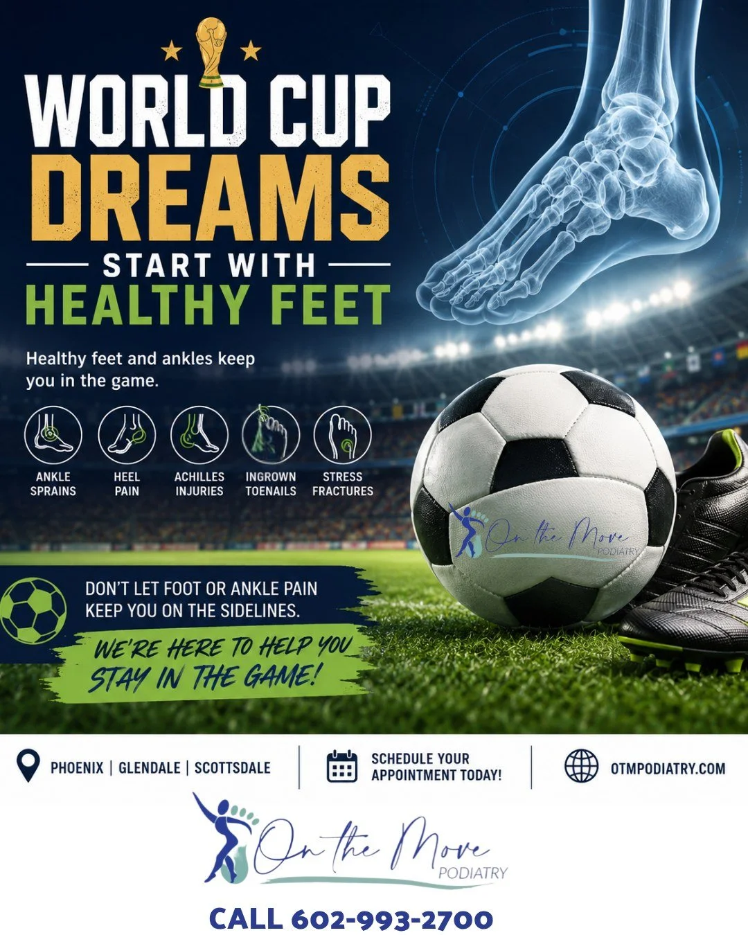 ⚽ The world's best players know that every sprint, cut, and shot starts with healthy feet and ankles.  Whether you're playing in a World Cup stadium or at your local soccer field, foot and ankle injuries can keep you on the sidelines. Common soccer i