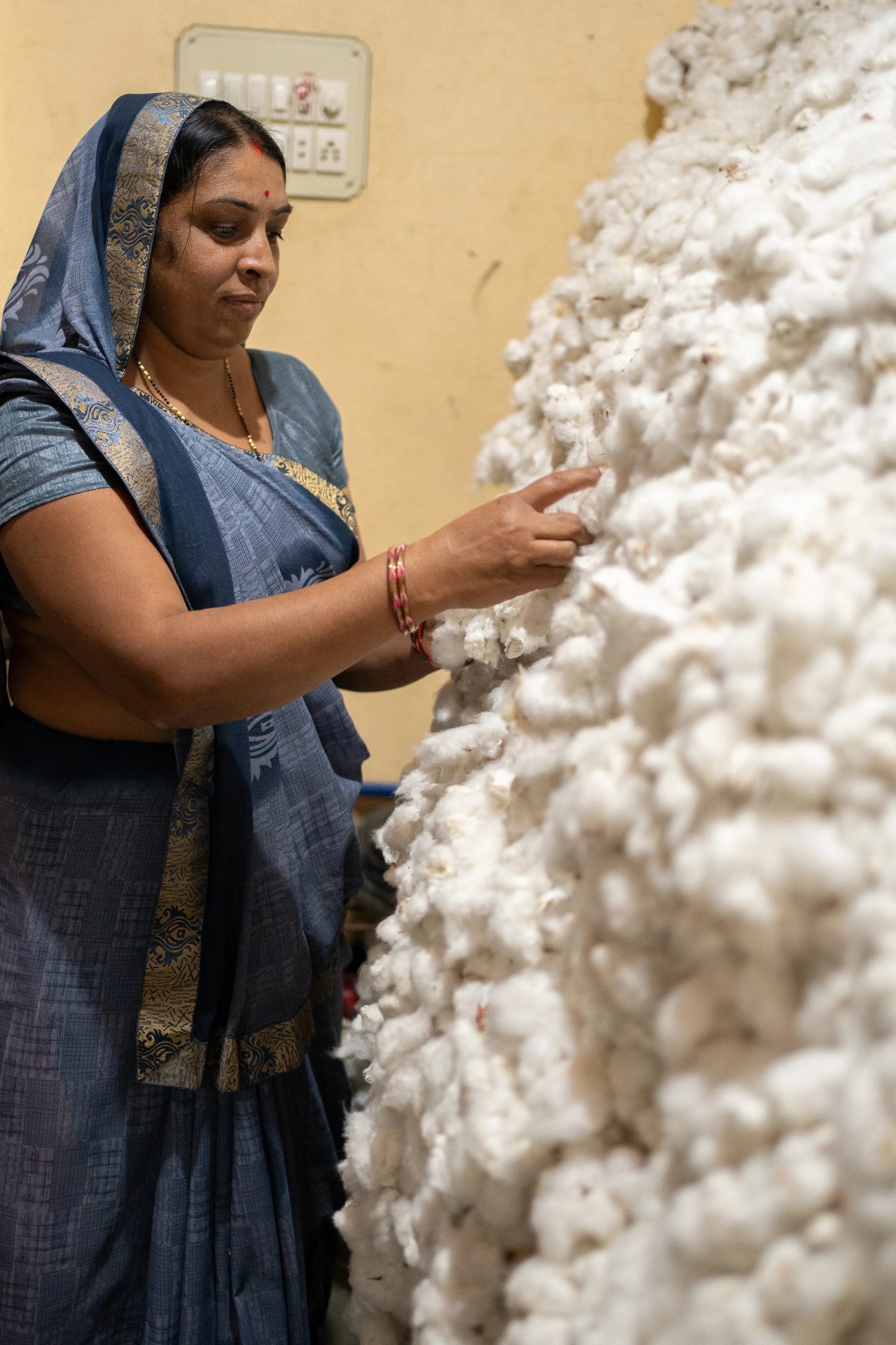 Organic cotton farmer Lalita Bai in front of her cotton harvest, Pratibha-Vasudha cooperative, India