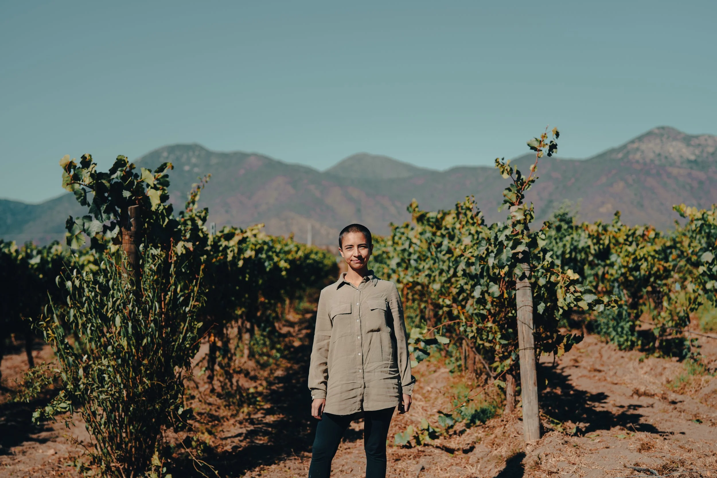 Paula Vilugrom in the fields at Emiliana Organic Vineyards, Chile