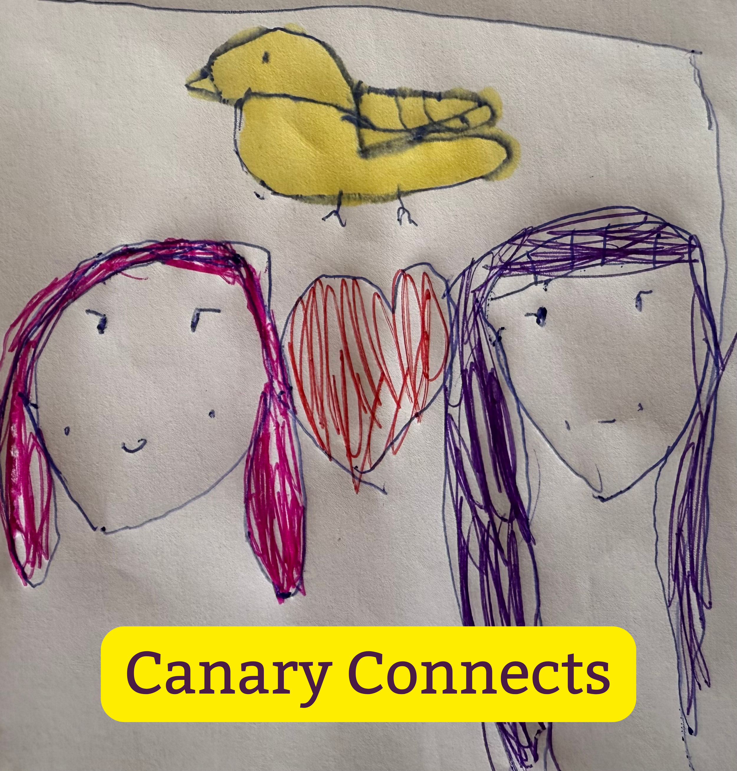 Child's drawing of two girls with pink and purple hair, a red heart between them, and a yellow bird above them. The text 'Canary Connects' is below the drawing.