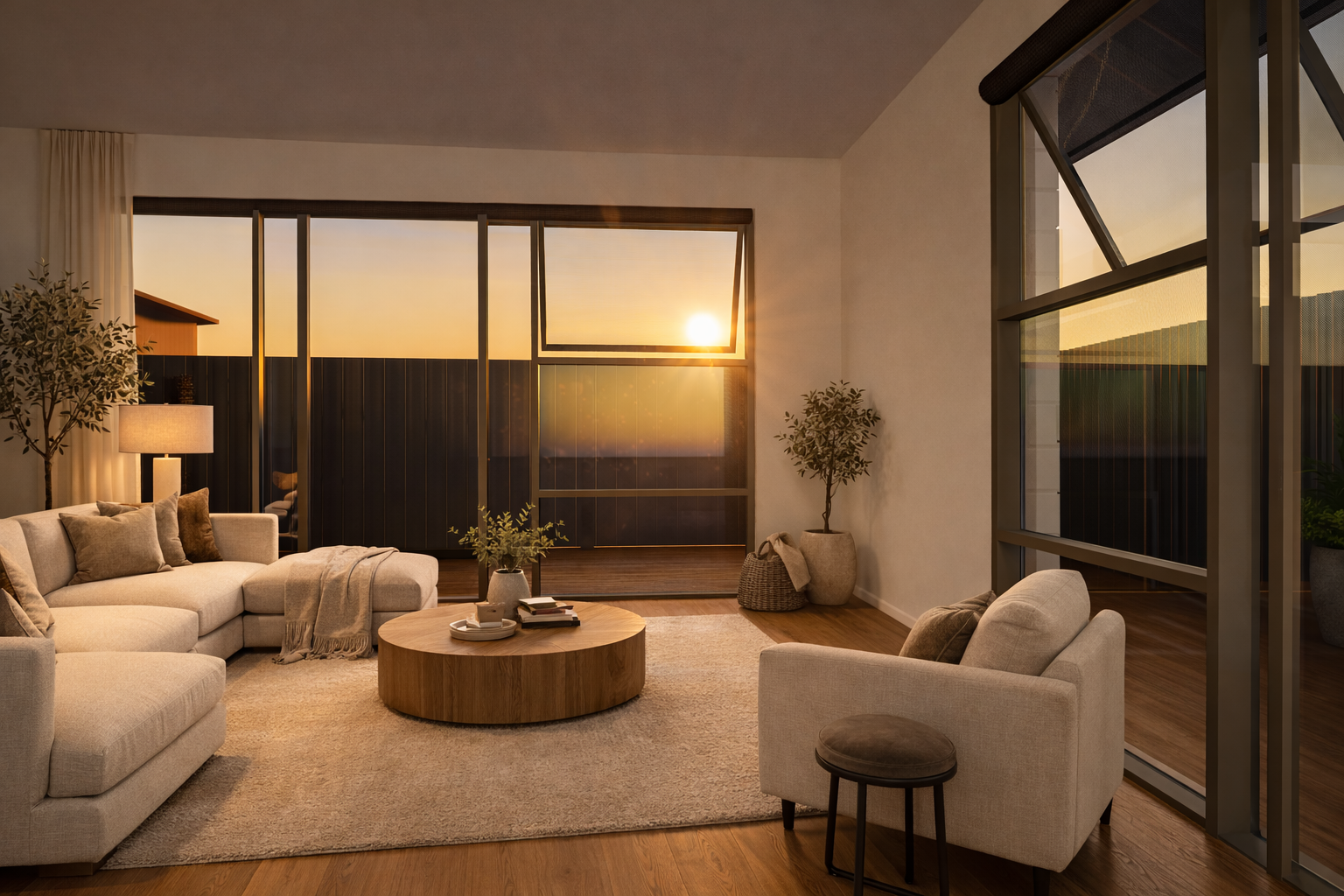 A moderndeck with glass sliding doors, white brick walls, and wooden flooring, illuminated by the warm light of setting sun.