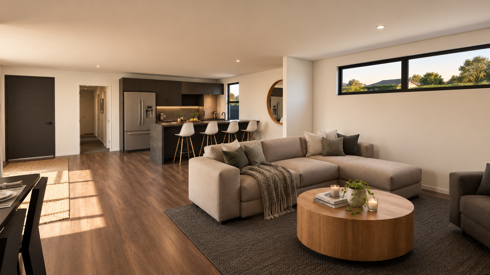 Open-concept living room and kitchen with beige sectional sofa, wooden coffee table with candles and plants, dark wood flooring, white walls, and a horizontal window showing trees and houses outside.