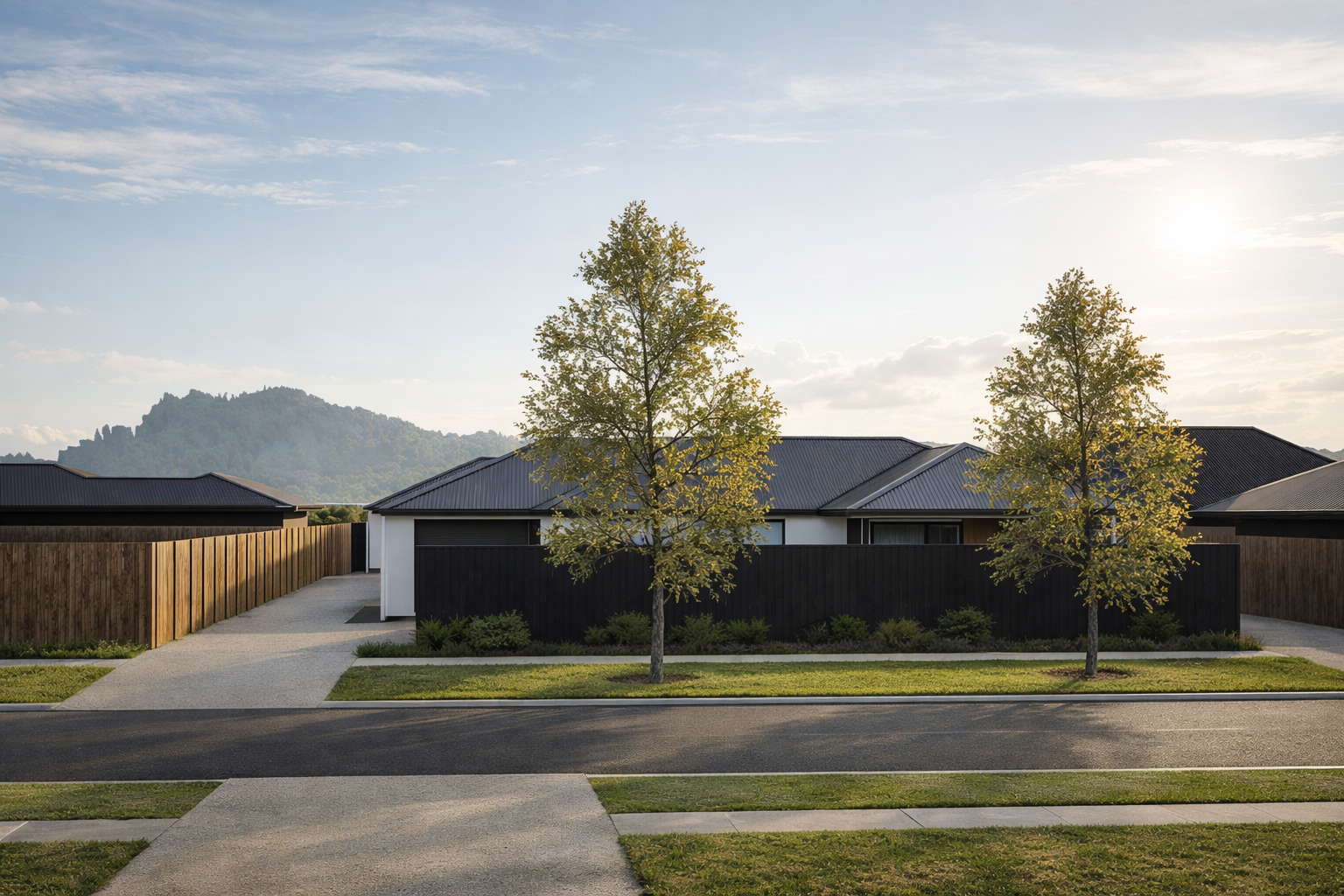 A suburban neighborhood at sunset with houses, a sidewalk, and two trees in front of a house, with hills in the background and the sun low in the sky.