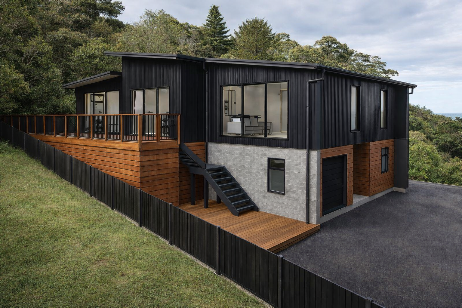 Modern multi-level house with large glass windows surrounded by trees at sunset, featuring a wooden deck and staircase.