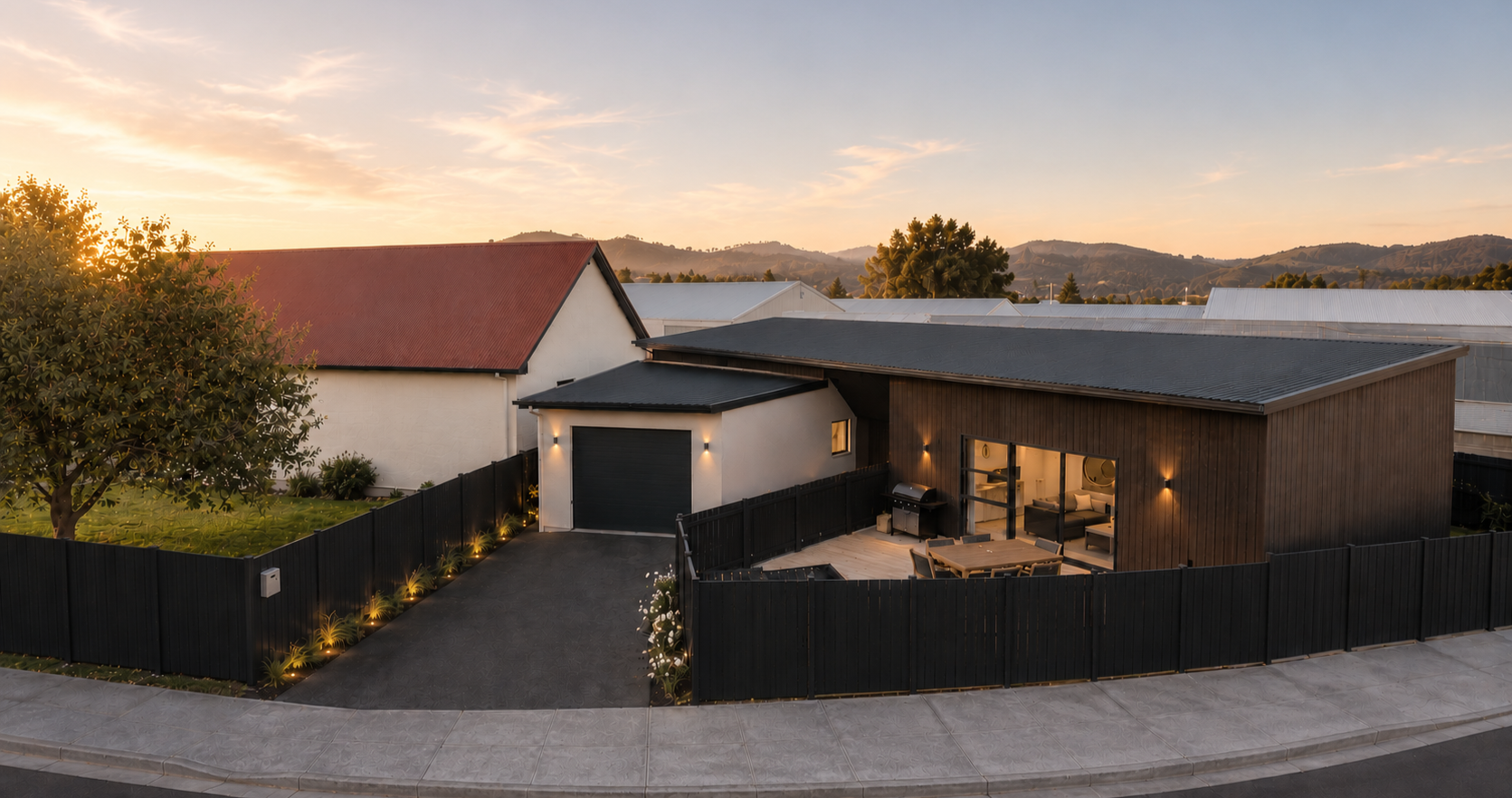 A modern house with a wooden exterior and large glass doors, surrounded by a black fence, with a patio and a barbecue grill, set against a sunset sky with hills in the background.