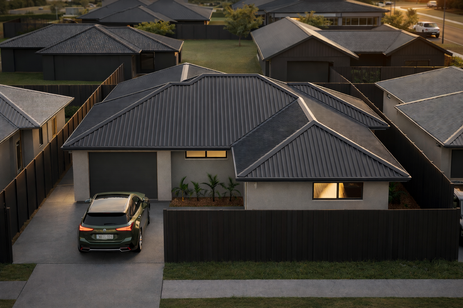 A neighborhood scene at sunset with houses, cars parked in driveways, a streetlight, and a distant body of water with hills in the background.