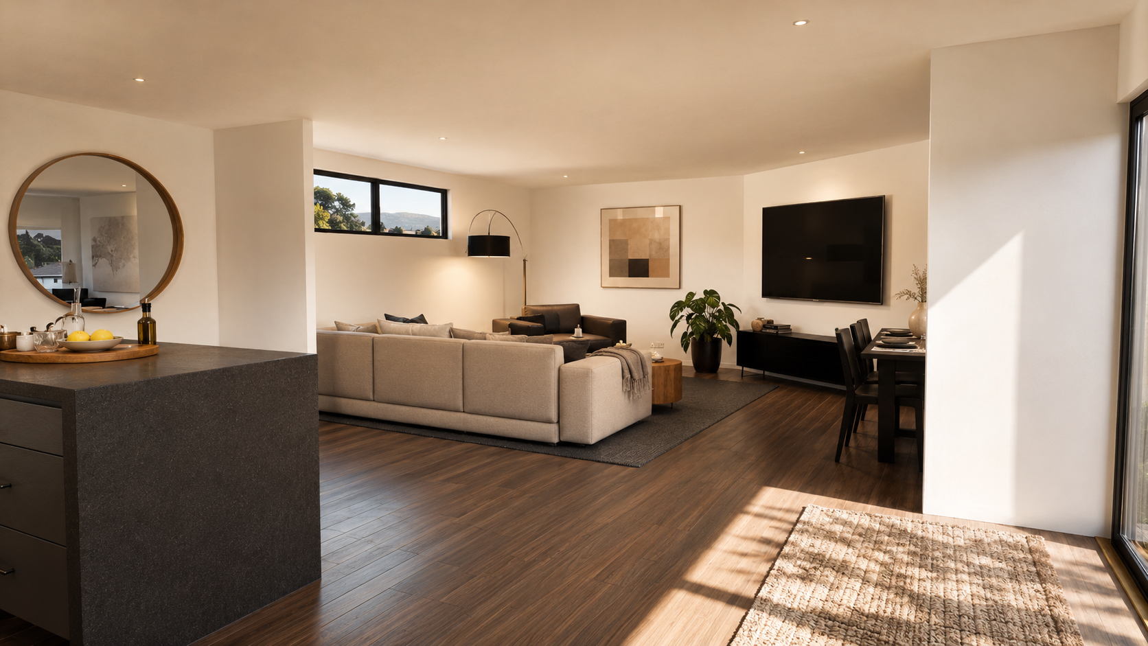 Modern living room with beige sofa, black armchair, wall-mounted TV, dining table with chairs, and large window allowing natural light, hardwood floors, and minimal decor.
