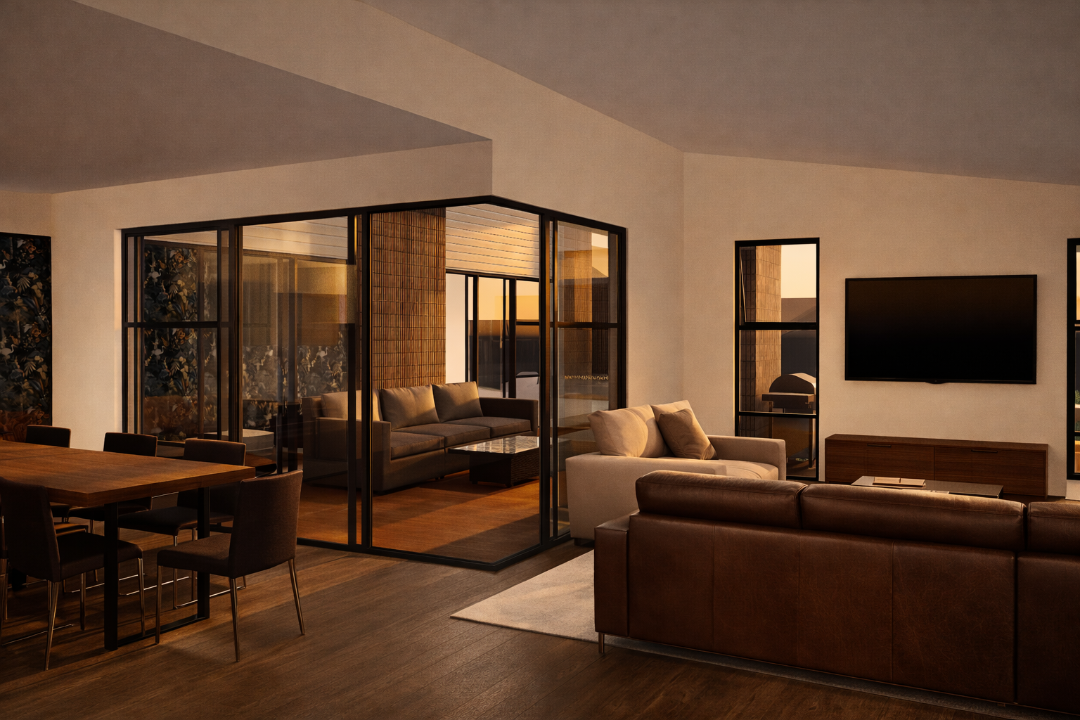 Modern living room with a wooden dining table, black chairs, a beige sofa, and a TV mounted on the wall, illuminated by warm sunset lighting through large glass stackers.