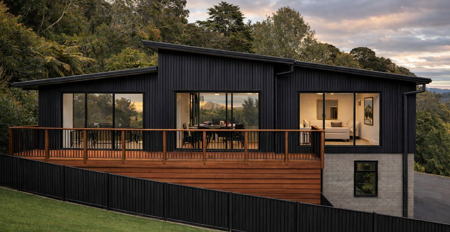 Modern multi-level house with large glass windows surrounded by trees at sunset, featuring a wooden deck and staircase.