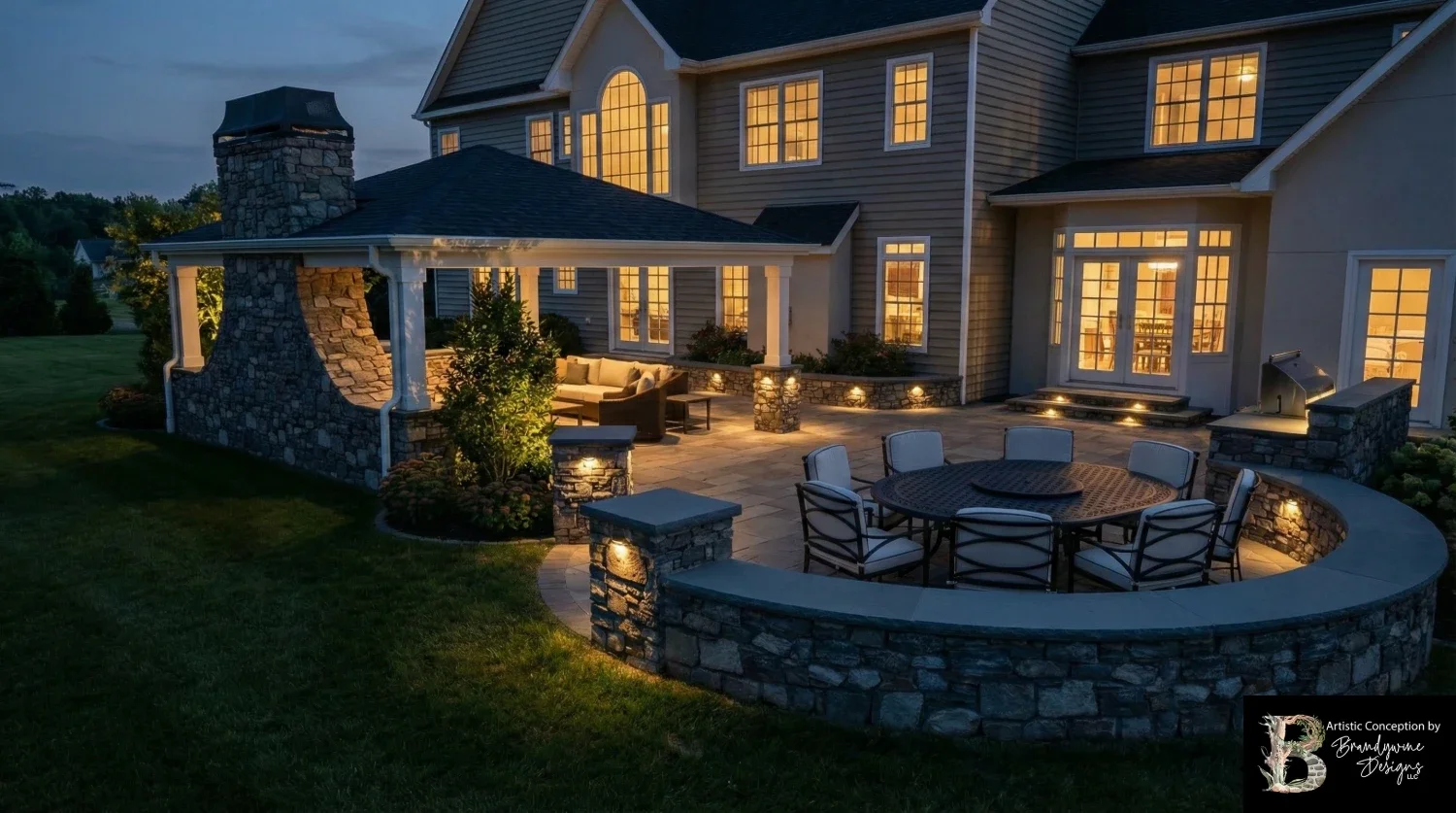 Custom stone retaining wall and front entry landscape by Brandywine Designs in Villanova, PA