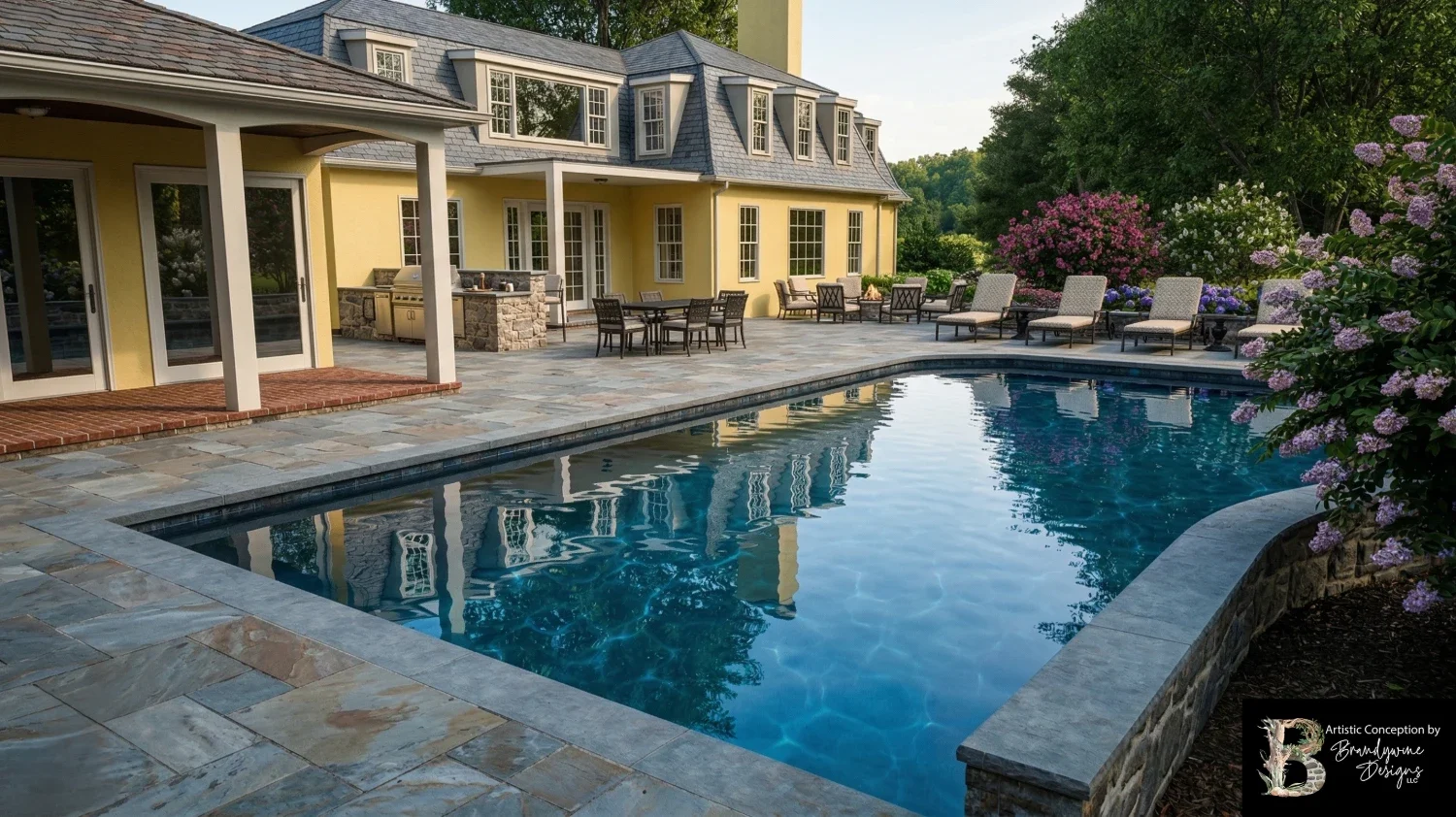 Poolside outdoor living area with planting beds in Chadds Ford, PA