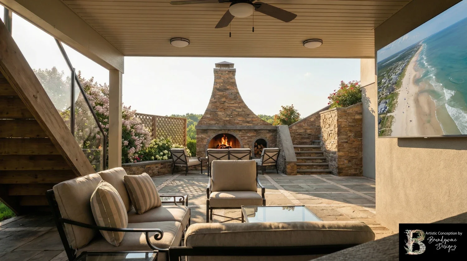 Luxury backyard pool and retaining wall landscape design in Villanova, PA