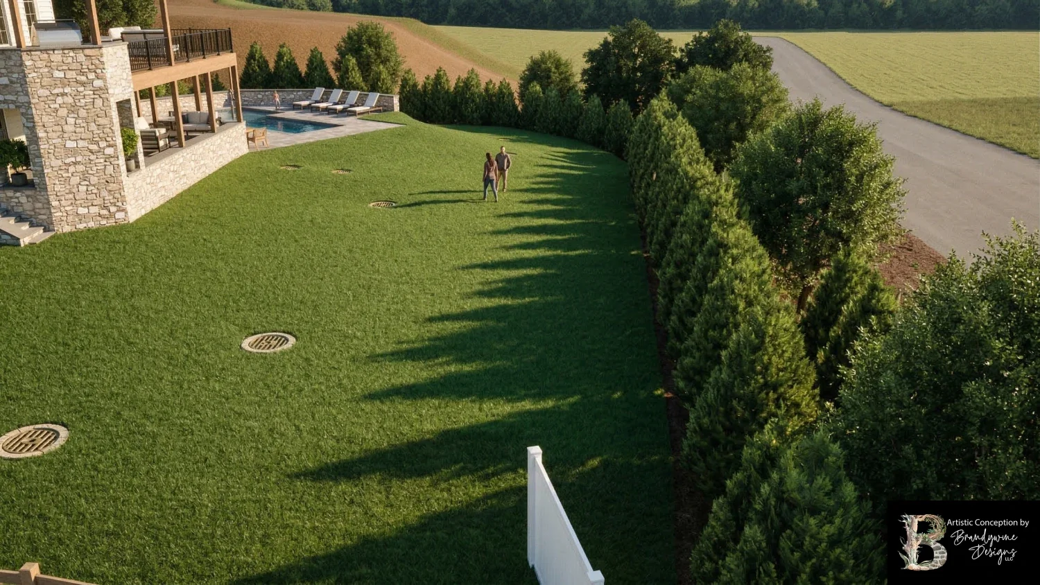 Wide backyard lawn with privacy evergreens and pool area beside a custom outdoor living space in Glen Mills, PA