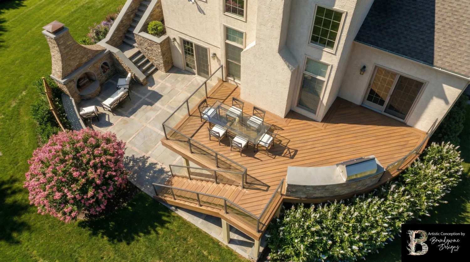Modern deck in West Chester, PA featuring wood planks and pergola cover
