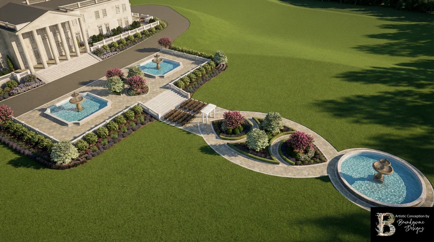 Grand estate landscape with formal fountains, symmetrical garden beds, and sweeping stone walkways in Malvern, PA