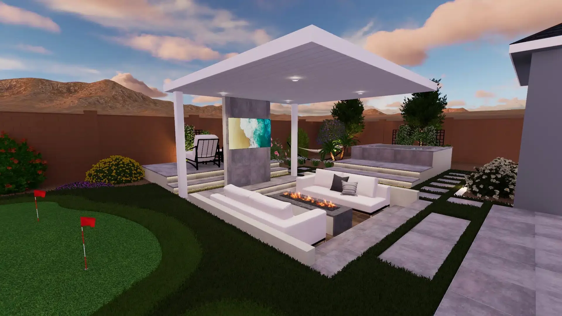 A modern backyard patio with a covered sitting area, fire feature, and a putting green, surrounded by mountains and a brick wall in Chandler, AZ