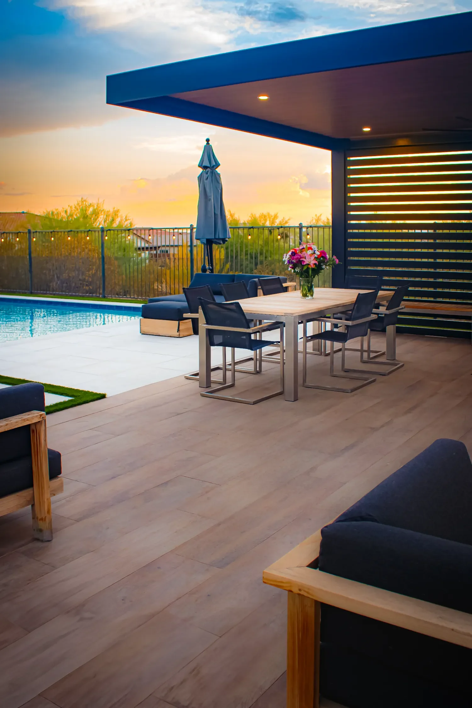 Pergola beside turf with plantings and hardscape company near me in Queen Creek, AZ