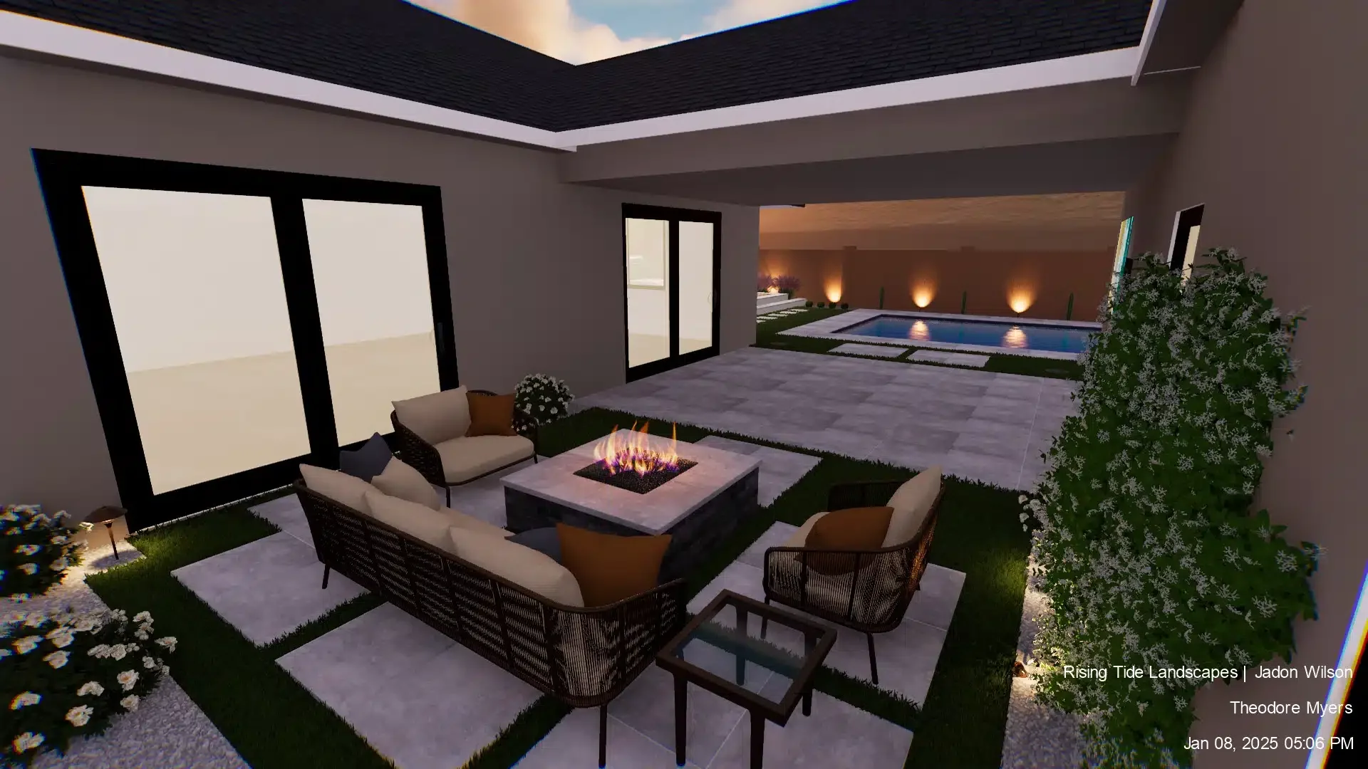Nighttime outdoor patio with a square fire pit, beige cushioned seating, potted plants, a swimming pool in the background, and ambient lighting in Arcadia, AZ