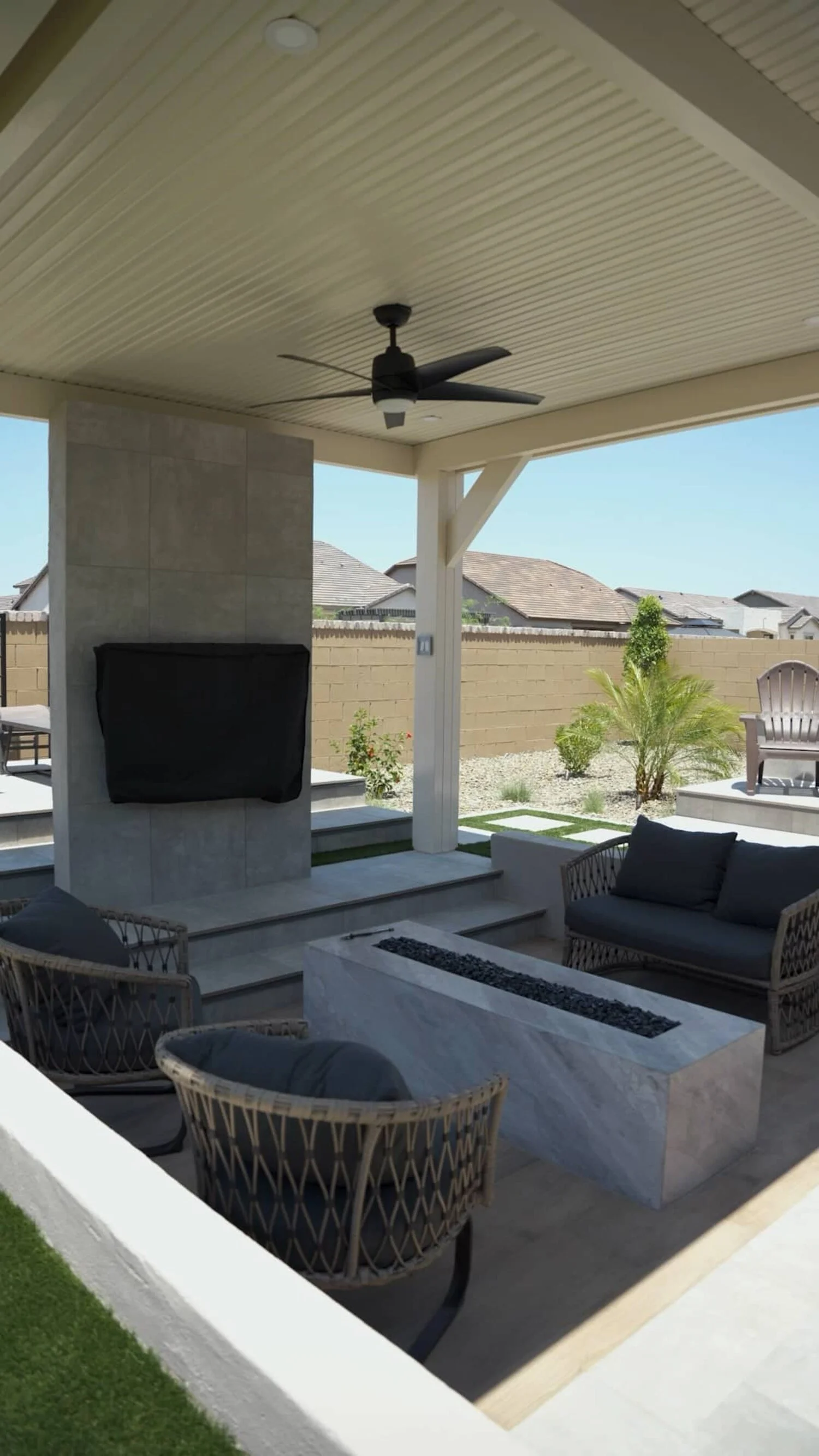 Backyard shade pergola with outdoor kitchen and paver patio in Vistancia, AZ