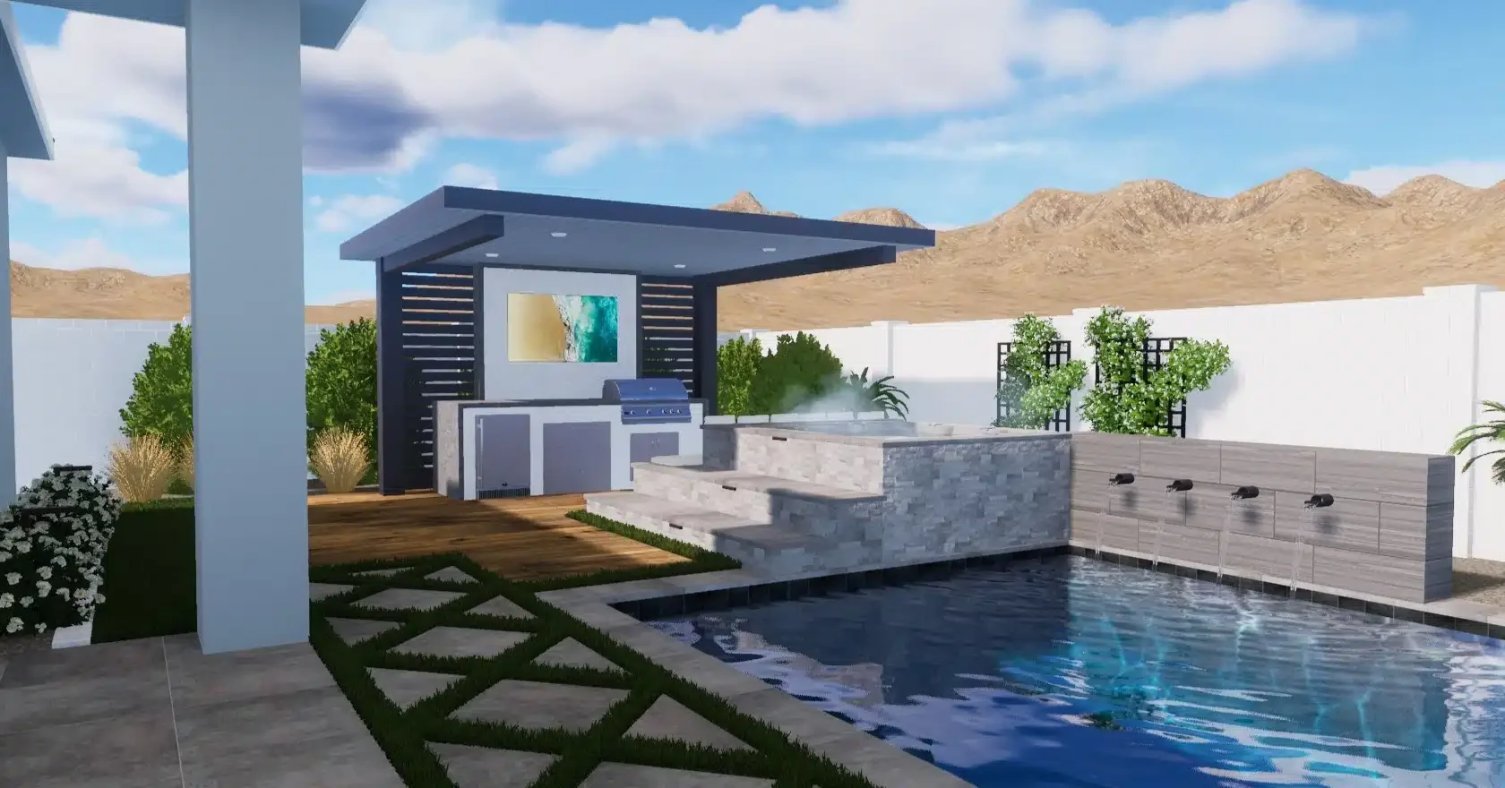 Backyard with swimming pool, outdoor kitchen area with a grill, and mountain view in the background in Scottsdale, AZ