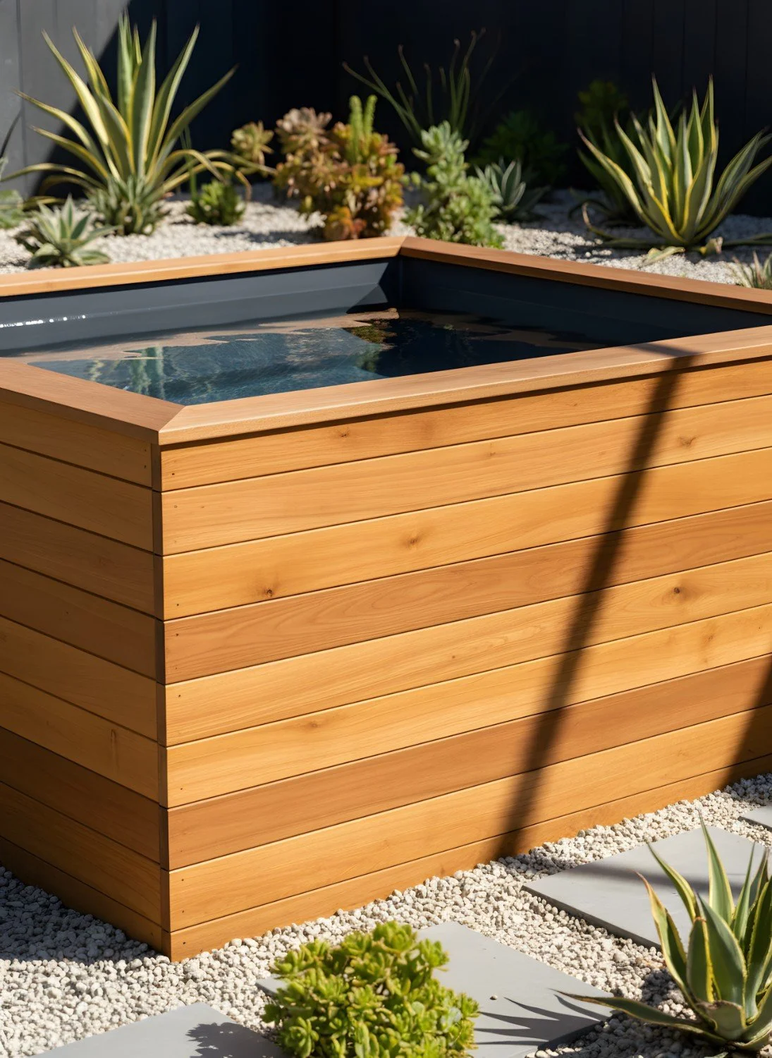 Custom backyard cold plunge with lounge chairs, desert landscaping, and shaded relaxation area in Scottsdale, AZ