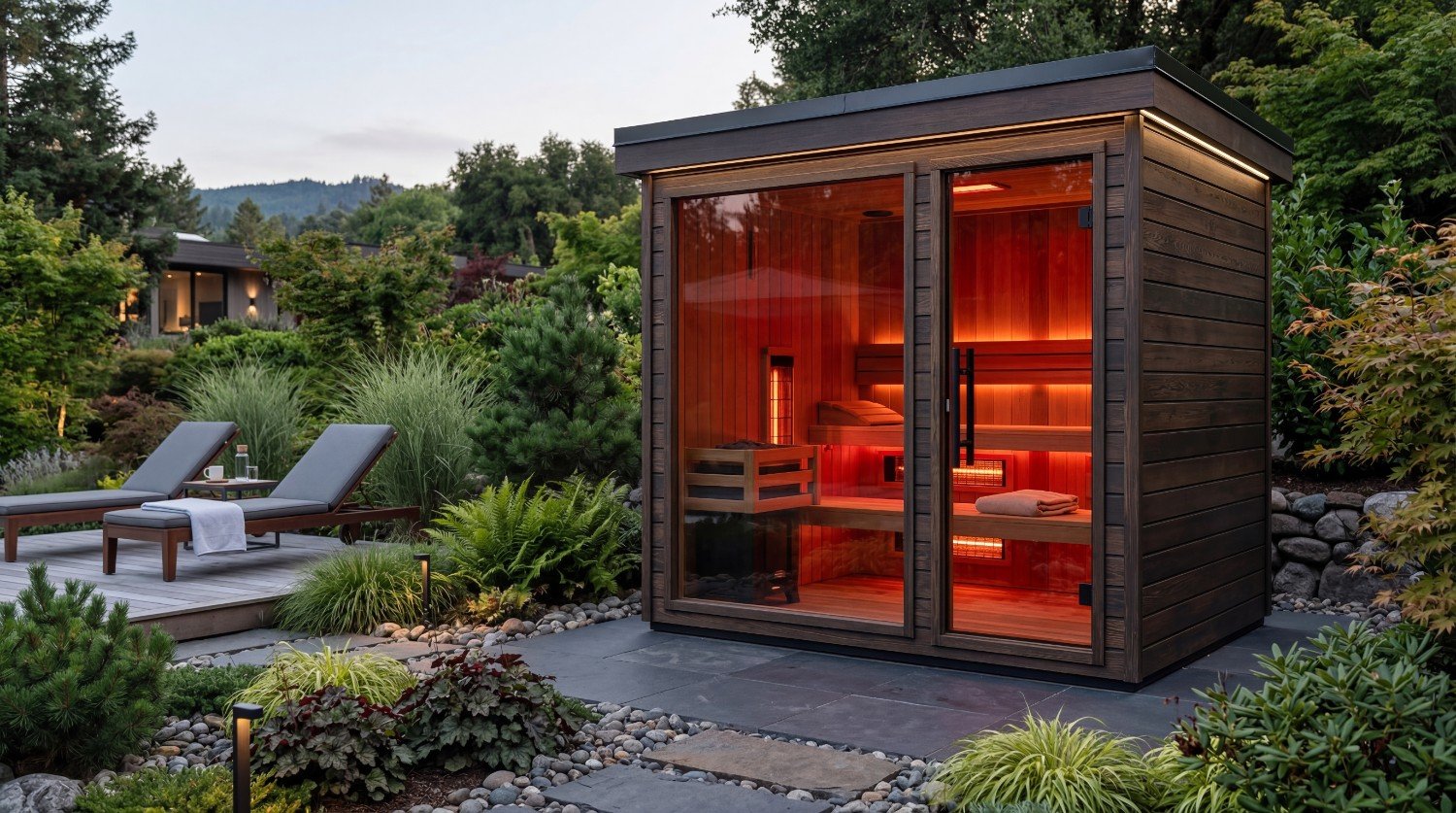 Outdoor sauna with modern seating, pavers, and desert plants in Phoenix, AZ