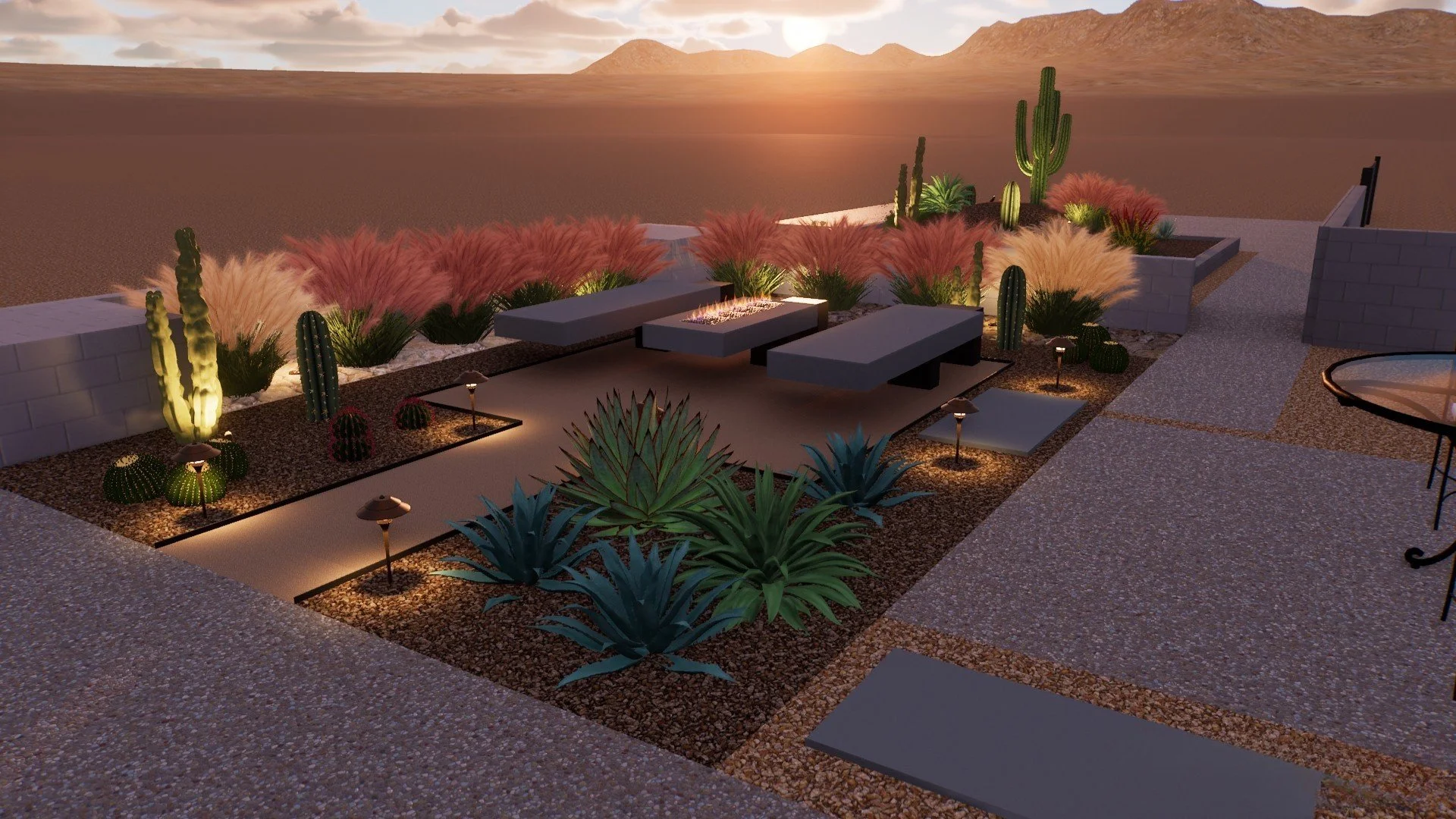 3D Landscape Design in Queen Creek, AZ featuring an outdoor fireplace and desert plantings with warm lighting