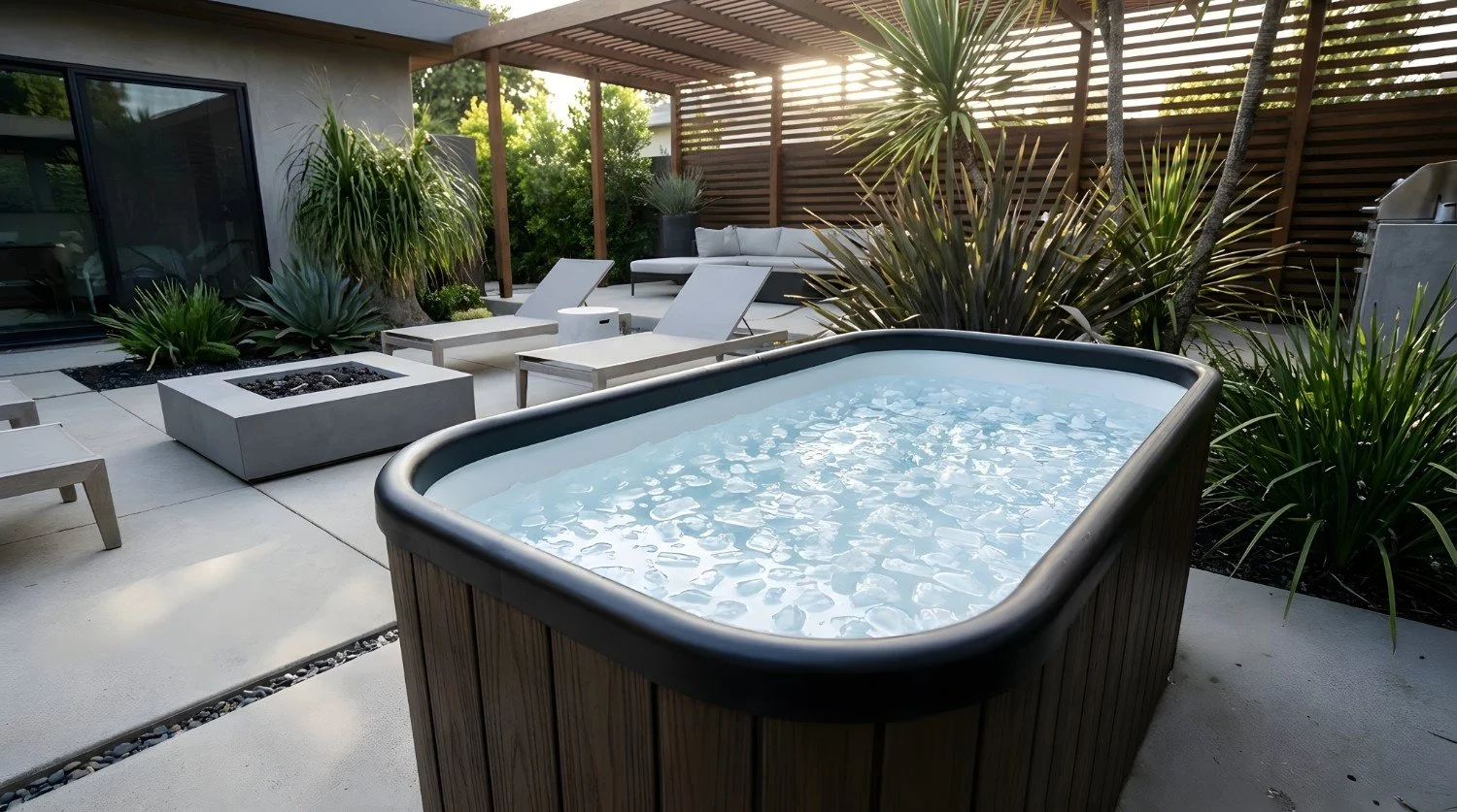 Backyard cold plunge with stone patio, privacy landscaping, and outdoor seating in Gilbert, AZ