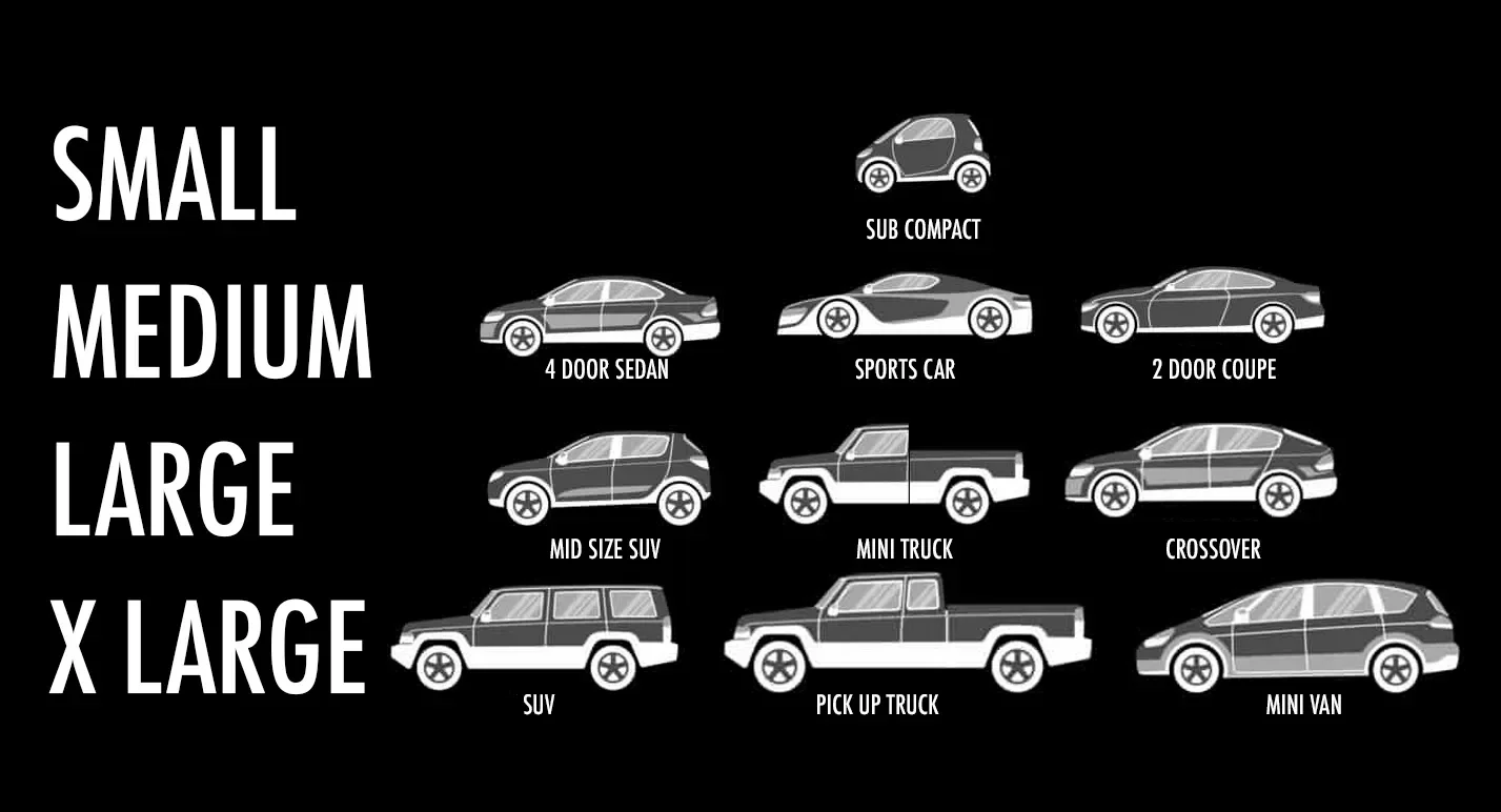 Comparison chart of vehicle sizes categorized as Small, Medium, Large, and X Large, with illustrations and labels for each vehicle type.