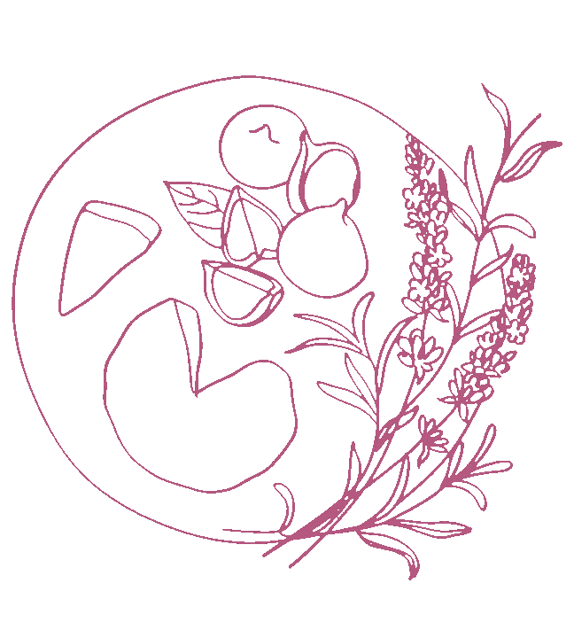 Outline of a lemon, lemon slices, and sprigs of lavender on a pink background.