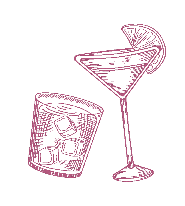 Line drawing of a cocktail glass with a lemon wedge and a tumbler with ice cubes, set against a pink background.