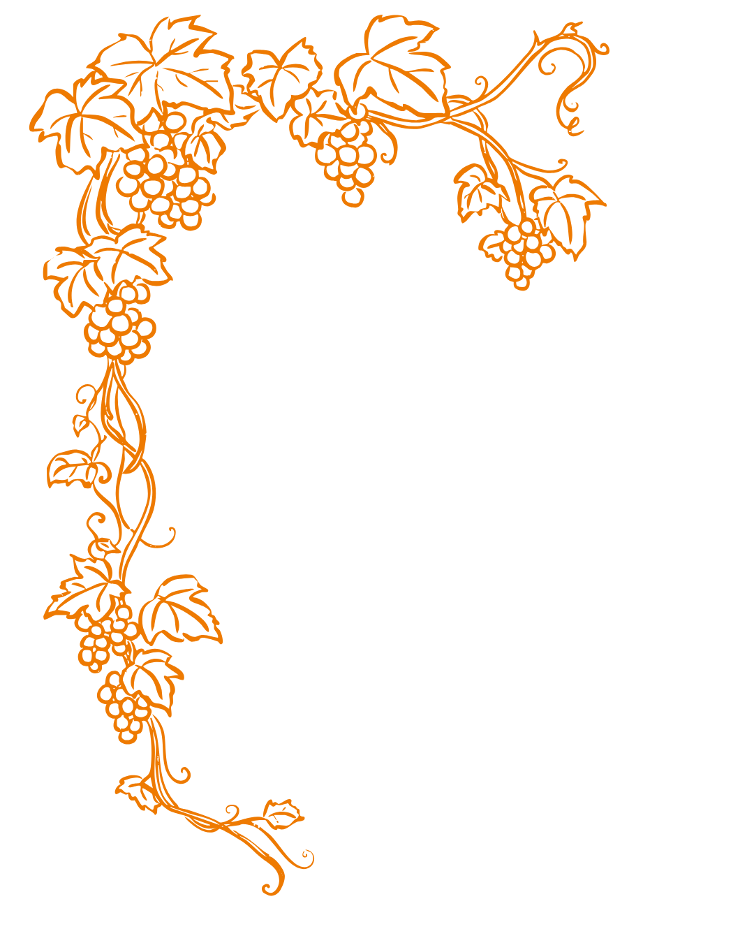A decorative border of orange vine and grape clusters on a black background.