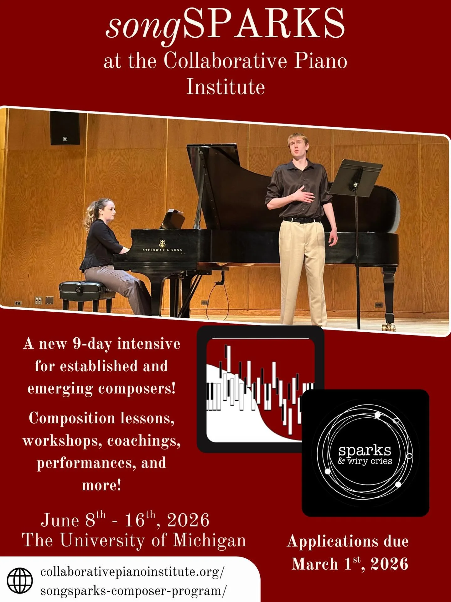 The Collaborative Piano Institute is proud to announce songSPARKS, led by Sparks &amp; Wiry Cries&rsquo; co-founders Martha Guth and Erika Switzer. From June 8th to 16th at the University of Michigan, songSPARKS will gather established and emerging c