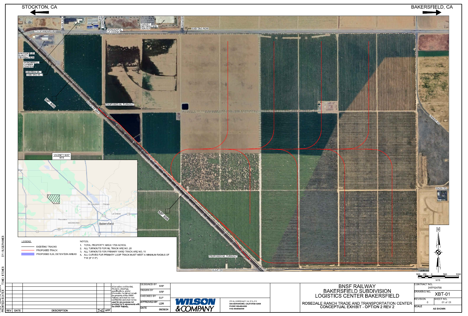 A detailed map showing proposed new railway tracks, existing tracks, and land use in Bakersfield, California. Includes labels for nearby roads, property boundaries, and an inset map of Bakersfield.