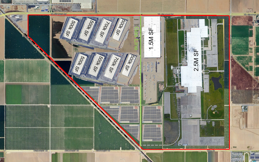 An aerial view of a large industrial complex with multiple buildings, parking lots, and solar panels. The area is divided into sections with labels indicating different square footage, such as 500 SF, 1.5 M SF, and 2.5 M SF. Surrounding fields and farmland are also visible.