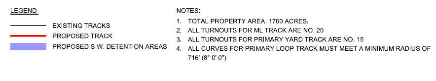 Map legend showing existing railroad tracks in black, proposed tracks in red, and proposed switch detention areas in blue, with notes about property area, turnout counts, and curve radius.