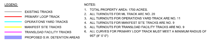 A map legend showing different track types, including existing tracks, primary loop, operations yard, manifest site, transload facility, and proposed detention areas, with color codes and notes on property and track specifications.