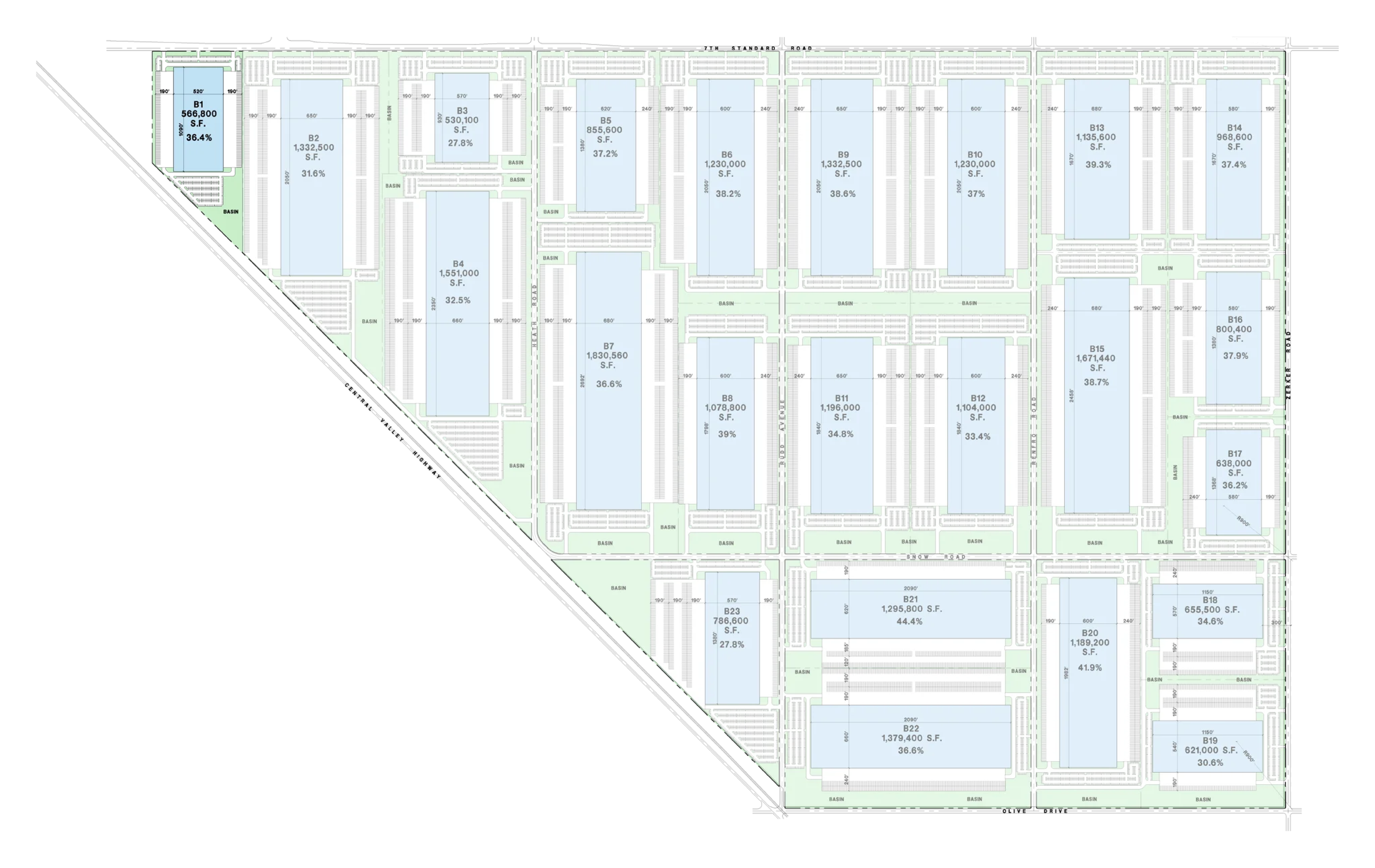 Site map of a residential or commercial development with labeled building footprints, lot sizes in square feet, and surrounding infrastructure.