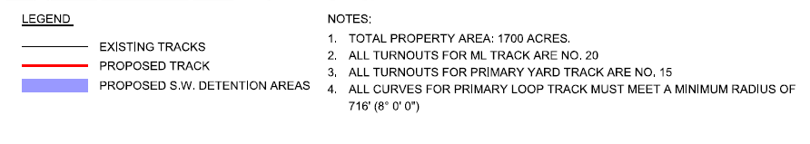 Legend of a track plan with existing tracks, proposed tracks, and detention areas, alongside notes about property area, turnouts, and curve specifications.