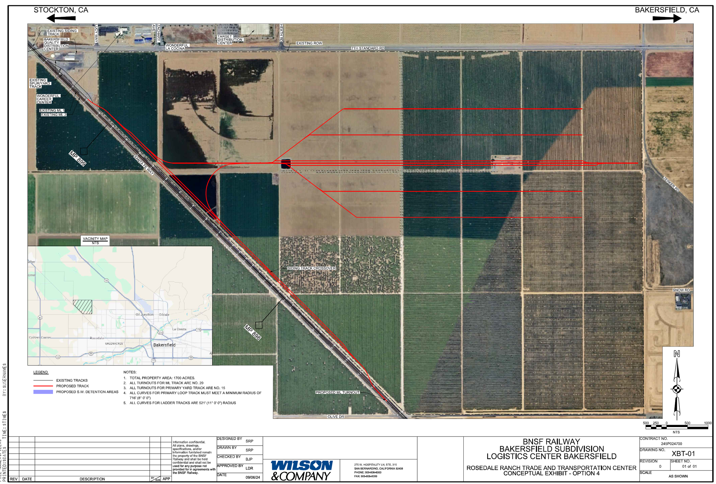 A map of a railway corridor showing existing tracks, proposed tracks, and detention areas in Bakersfield, CA, including satellite imagery, with labels for roads and landmarks.