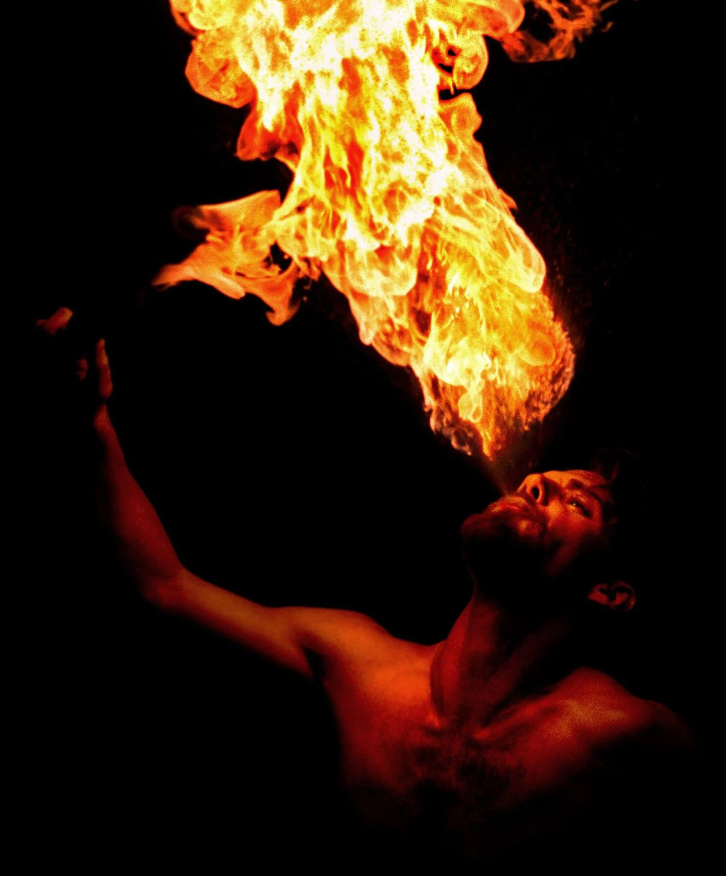 A fire-breather from the Bindlestiff family circus before a performance in Gainesville, Florida