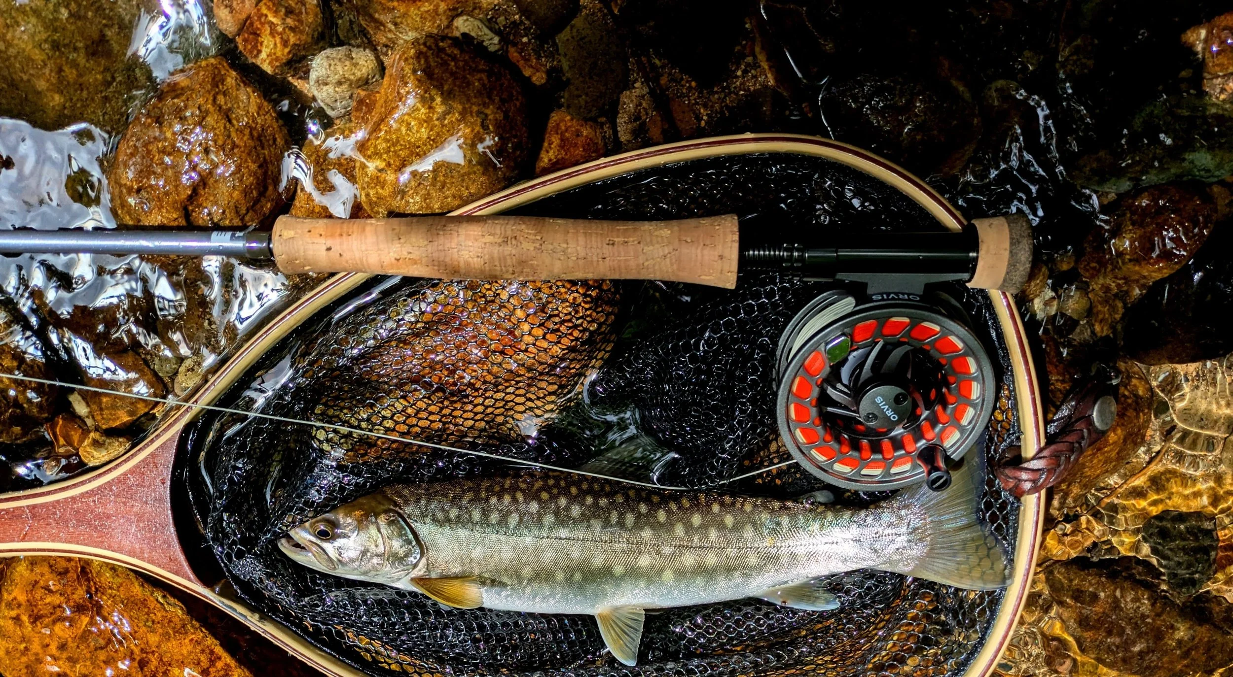 A fishing rod and reel resting on a rock near a caught amemasu char in a river or stream in Sapporo, Hokkaido Japan