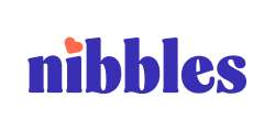 Logo with the word 'nibbles' in purple lowercase letters and a small red heart dotting the 'i'
