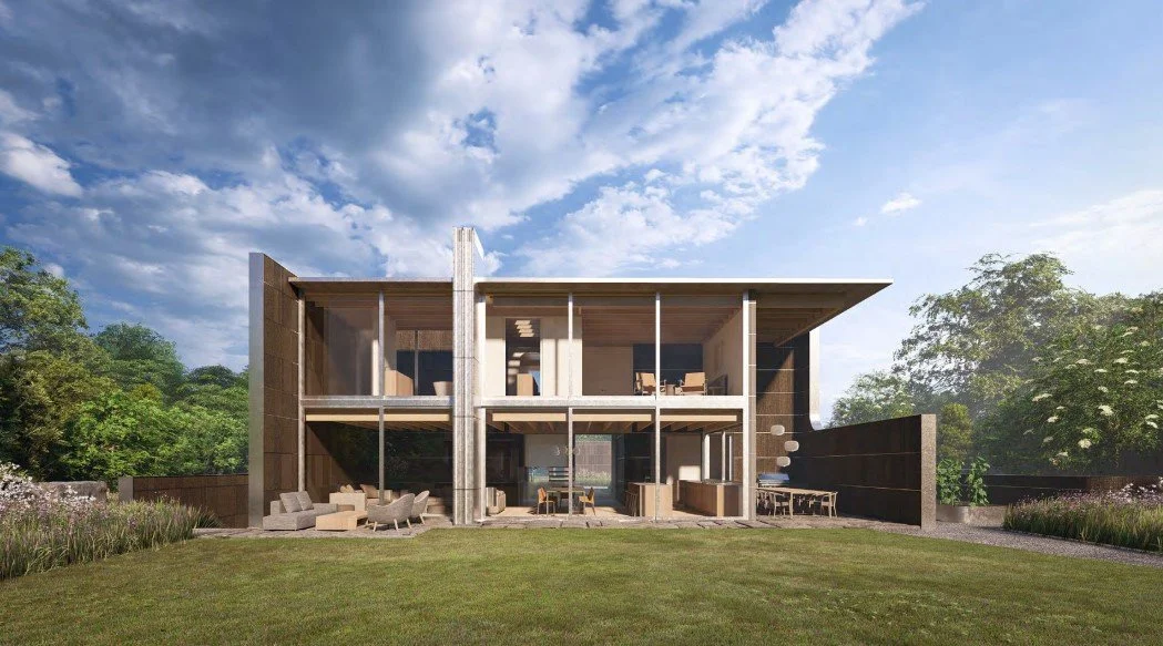 Modern two-story house with large glass windows, wooden and concrete exterior, set in a green yard, under a partly cloudy sky. Bates Masi Architects construction in progress.