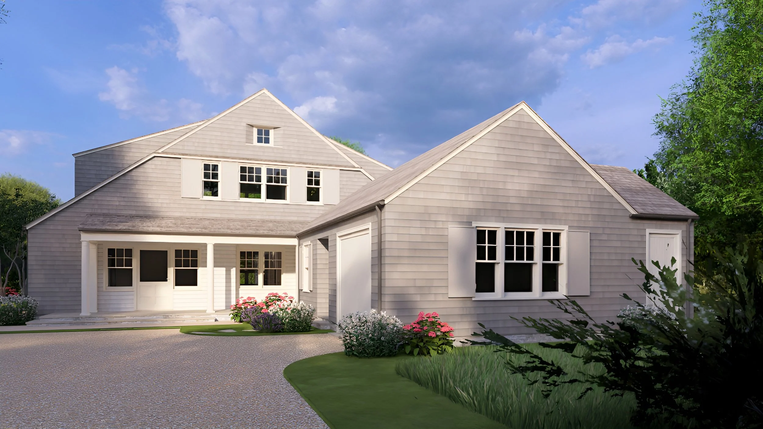 A two-story house with gray siding, multiple windows, white shutters, and a front porch with steps, surrounded by a landscaped yard with flowers and grass under a partly cloudy sky. High End residential construction in the hamptons.