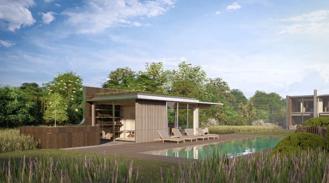 Modern house with wooden exterior, outdoor lounge chairs beside a swimming pool, surrounded by green trees and plants under a blue sky. Bates Masi Architects.